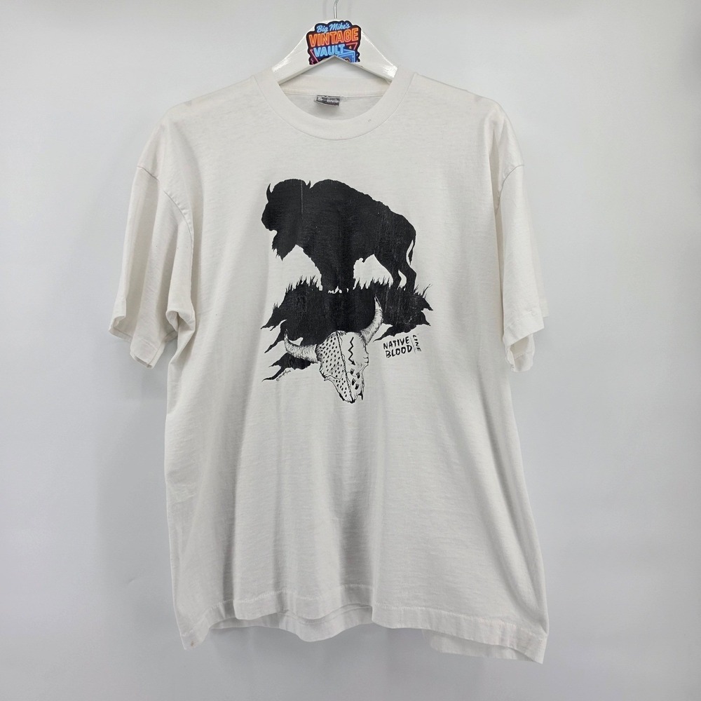 Vintage 1994 Native Blood Buffalo Skull T Shirt XL White Single Stitch